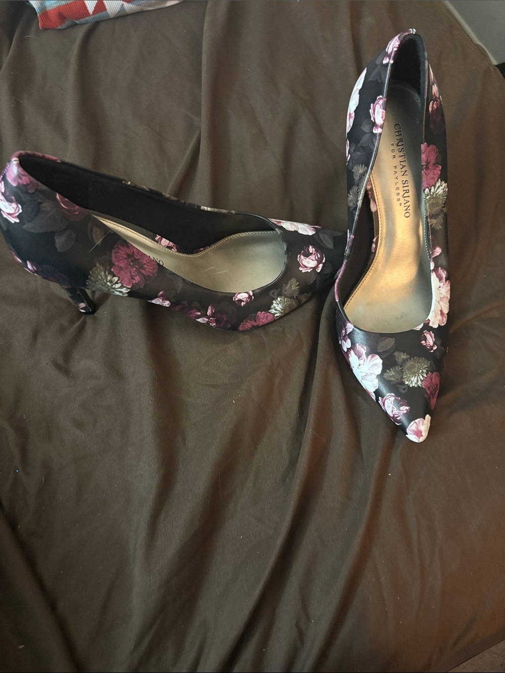 Christian Siriano Black Floral Pointed Toe Heels with Pink Accents